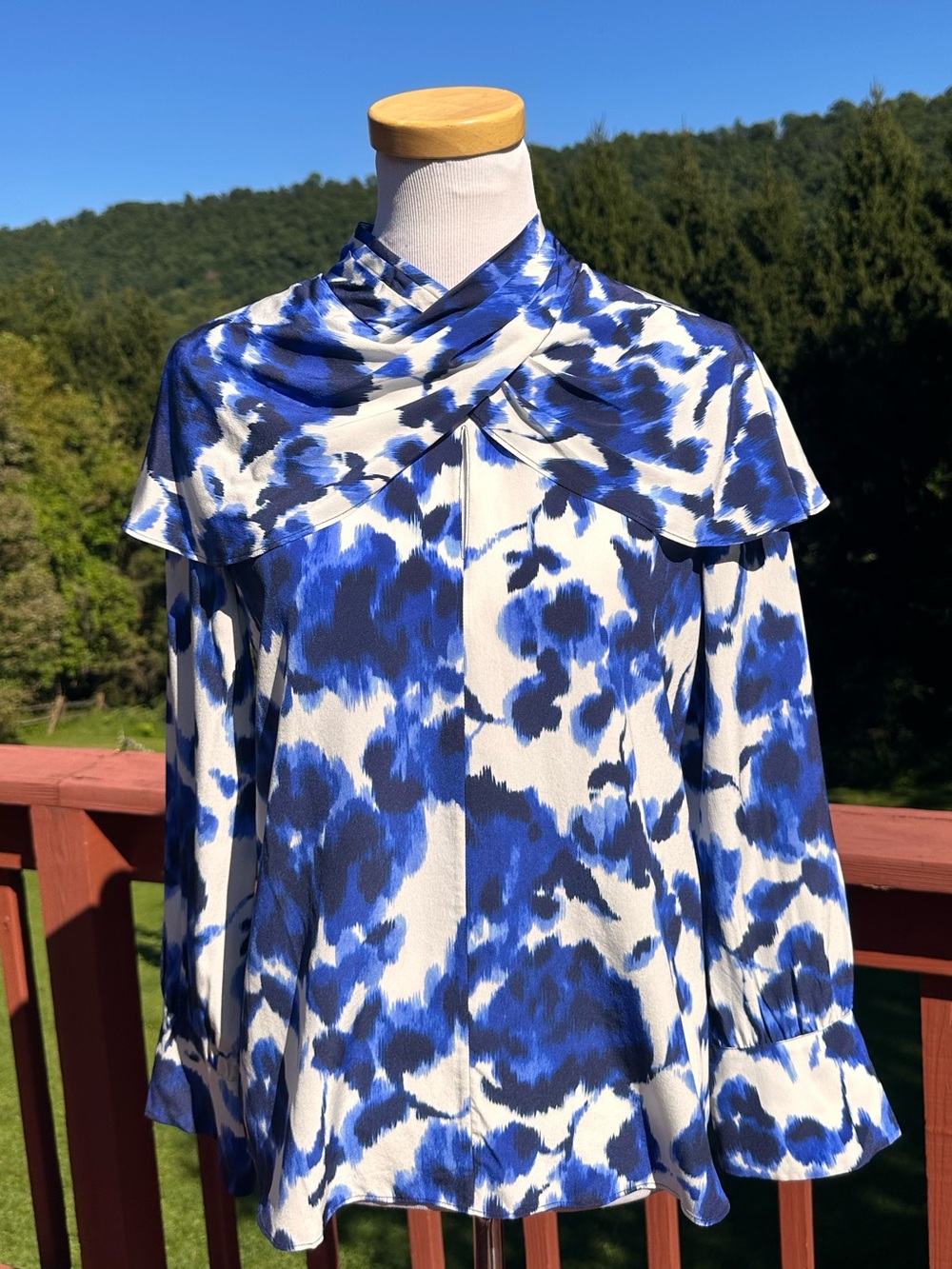 The Fold London 100% Silk Draped Collar Watercolor Floral Long-Sleeve Blouse